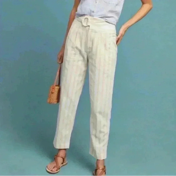 Anthropologie Oasis Striped Linen Tapered Leg Pants White and Pink - Picture 1 of 10